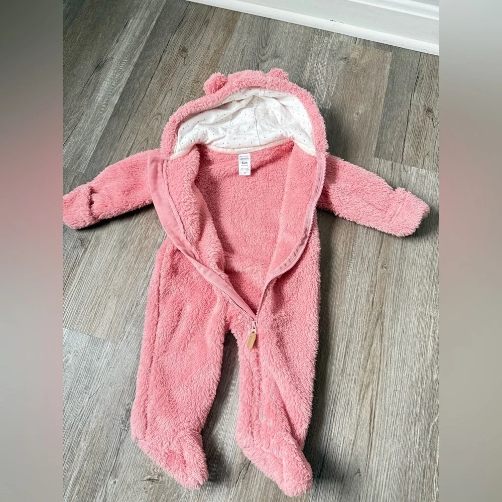 Carters Fleece Hooded Bear Bunting Outfit Teddy Pink One Piece Baby Size 3 6 Mos